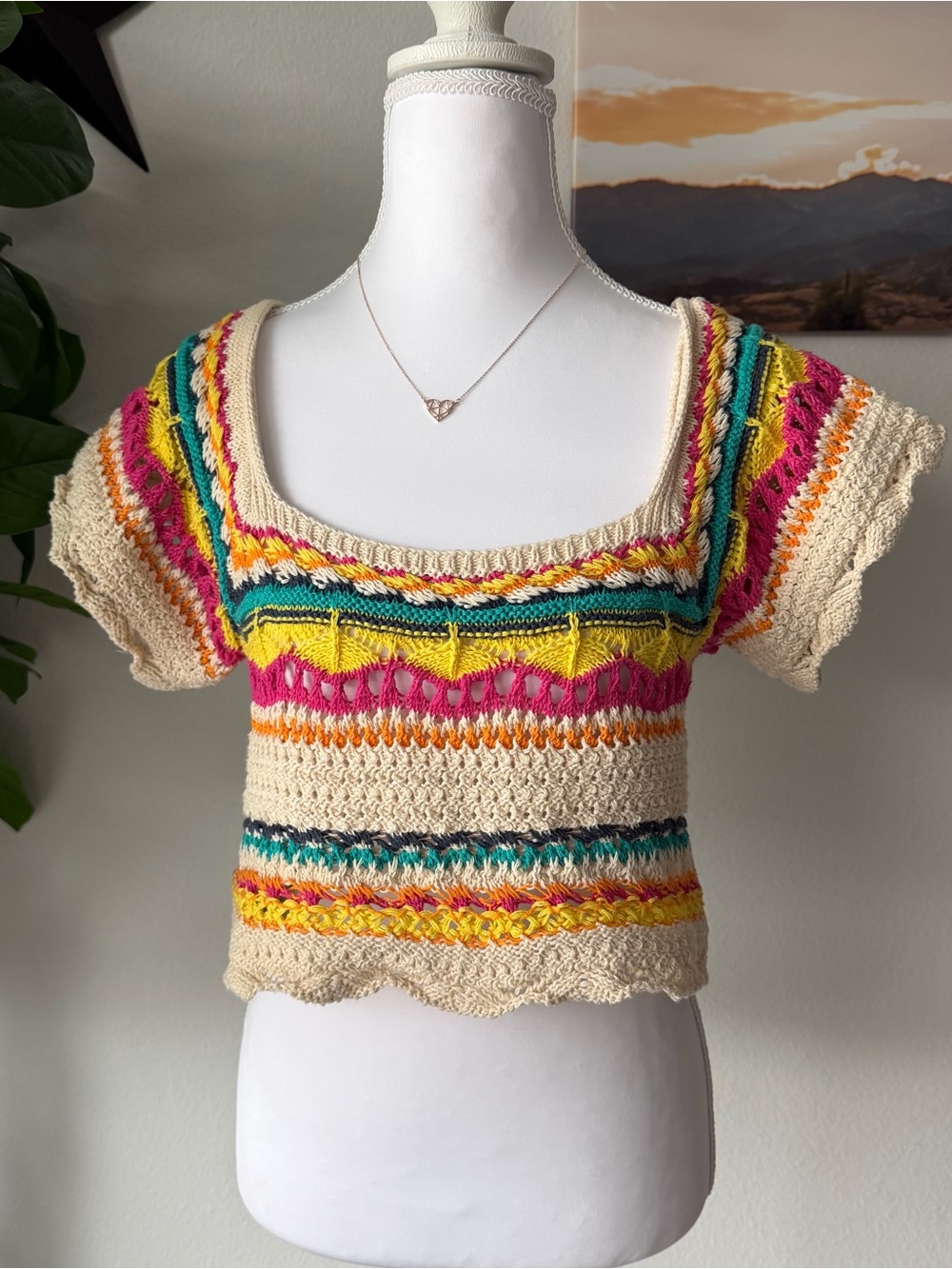 Zara Cream Crochet Crop Top with Pink, Yellow, Teal, Orange & Green Stripes